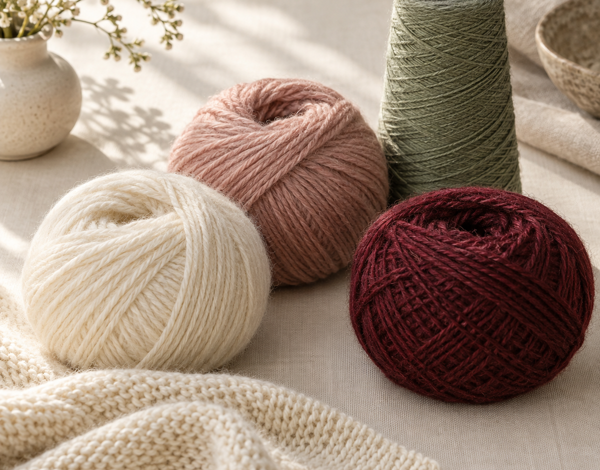 Garnknäuel in Creme, Rosé und Bordeaux neben einer salbeigrünen Kone und einer Strickprobe.