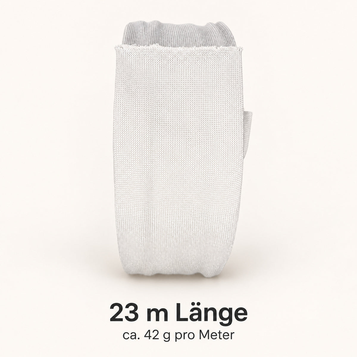 Seitenansicht der Strickschlauch-Rolle mit 23 m Länge und ca. 42 g Gewicht pro Meter.